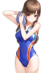 Rule 34 | 10s, 1girl, breasts, brown eyes, brown hair, competition swimsuit, idolmaster, idolmaster cinderella girls, idolmaster cinderella girls starlight stage, kfr, long hair, md5 mismatch, nitta minami, one-piece swimsuit, solo, swimsuit, towel