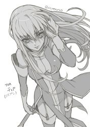 Rule 34 | 00s, 1girl, adjusting hair, bandai namco, c.c., code geass, company connection, cosplay, creayus, dress, elbow gloves, expressionless, garter straps, gloves, long hair, monochrome, solo, tales of (series), tales of the abyss, tear grants, tear grants (cosplay), thighhighs, twitter username, voice actor connection, white background, yukana