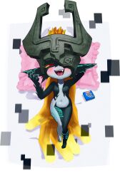 Rule 34 | 1girl, absurdres, arm behind head, blush, breasts, chi-iz, colored sclera, colored skin, commentary, condom box, fang, full body, grey skin, helmet, highres, lying, midna, multicolored skin, nintendo, on back, one eye covered, open mouth, orange hair, pillow, pointy ears, red eyes, shortstack, small breasts, smile, solo, the legend of zelda, the legend of zelda: twilight princess, two-tone skin, yellow sclera