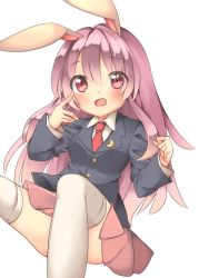 Rule 34 | 1girl, animal ears, arms up, blazer, blush, commentary request, convenient leg, crescent, crescent pin, cycloneyukari, dress shirt, feet out of frame, finger to eye, hair between eyes, jacket, long hair, long sleeves, looking at viewer, necktie, open mouth, pink eyes, pink hair, pink skirt, pleated skirt, rabbit ears, red necktie, reisen udongein inaba, shirt, sitting, skirt, solo, thighhighs, touhou, very long hair, white shirt, white thighhighs, wing collar