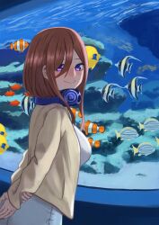 Rule 34 | 1girl, aquarium, arms behind back, blue eyes, breasts, brown hair, commentary request, fish, fish tank, from side, go-toubun no hanayome, gomashiwo o, hair between eyes, headphones, headphones around neck, jacket, large breasts, long hair, long sleeves, looking at viewer, looking to the side, nakano miku, open clothes, open jacket, shirt, skirt, smile, solo, white shirt