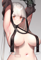 Rule 34 | 1girl, armpits, arms up, bad id, bad pixiv id, banitya, belt, belt collar, black belt, blunt bangs, blush, breast curtains, brown sleeves, collar, collarbone, commentary request, detached sleeves, grey background, hair intakes, highres, long hair, looking at viewer, mechanical arms, navel, orange eyes, original, revealing clothes, simple background, single mechanical arm, smile, solo, standing, stomach, thick eyebrows, upper body, white hair