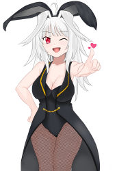 Rule 34 | 1girl, absurdres, animal ears, bare shoulders, breasts, closed eye, fishnet pantyhose, fishnets, hakumei, heart, highres, large breasts, long hair, open mouth, original, pantyhose, phahuris, red eyes, self-upload, smile, solo, white hair