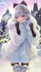 Rule 34 | 1girl, bird, black gloves, black thighhighs, blush, boots, bow, bow earrings, breath, building, coat, commentary, earrings, feet out of frame, floating hair, fur coat, gloves, hair ornament, hands up, highres, ito lab, jewelry, long hair, long sleeves, original, outdoors, parted lips, pom pom (clothes), red eyes, sidelocks, sky, snow, thigh boots, thighhighs, very long hair, white bird, white coat, white footwear, white hair, zettai ryouiki