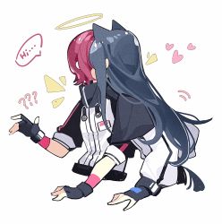 Rule 34 | 2girls, ?, ??, absurdres, animal ears, arknights, black gloves, black hair, capelet, cropped torso, detached wings, exusiai (arknights), fingerless gloves, gloves, halo, haobuguniao, high collar, highres, implied kiss, jacket, long hair, motion lines, multiple girls, red hair, short hair, sidelocks, simple background, sleeves rolled up, speech bubble, texas (arknights), upper body, white background, white jacket, wings, wolf ears, yuri