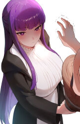 Rule 34 | 1girl, absurdres, black coat, blunt bangs, blush, breasts, coat, disembodied limb, dress, fern (sousou no frieren), highres, large breasts, long hair, long sleeves, looking at viewer, open clothes, open coat, purple eyes, purple hair, rororo, sidelocks, solo, sousou no frieren, staff, white dress