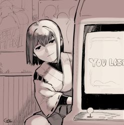 Rule 34 | 10s, 1girl, arcade, artist name, bodysuit, closed mouth, commentary request, controller, game controller, greyscale, hair between eyes, hakama, hakama short skirt, hakama skirt, hyuuga (kancolle), japanese clothes, kantai collection, looking at viewer, monochrome, nontraditional miko, pleated skirt, poster (object), ribbon-trimmed sleeves, ribbon trim, screen, shaded face, shadow, shiden (sashimi no wife), short hair, short sleeves, skirt, smile, solo, street fighter, wall, wooden wall