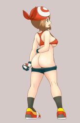 Rule 34 | 1girl, arm behind back, ass, back, bandana, bike shorts, black shorts, black socks, blue eyes, breasts, brown hair, butt crack, clothes pull, creatures (company), from behind, full body, game freak, gloves, grey background, highres, holding, holding poke ball, looking at viewer, looking back, may (pokemon), medium breasts, multicolored footwear, nintendo, poke ball, poke ball (basic), poke ball symbol, pokemon, pokemon rse, red bandana, red footwear, red sports bra, shoes, short hair, short shorts, shorts, shorts pull, simple background, skindentation, sneakers, socks, solo, sports bra, standing, tof, white gloves, yellow footwear