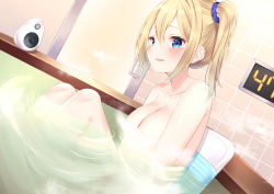 Rule 34 | 1girl, absurdres, bathing, bathroom, blonde hair, blue eyes, blue scrunchie, blush, breasts, clock, commentary request, completely nude, convenient censoring, dutch angle, hair between eyes, hair ornament, hair scrunchie, hayasaka ai, highres, indoors, kaguya-sama wa kokurasetai ~tensai-tachi no renai zunousen~, knees up, large breasts, looking at viewer, nari (narikashi), nude, parted lips, partially submerged, ponytail, scrunchie, short hair, side ponytail, sidelocks, sitting, solo, steam, steam censor, thighs, water