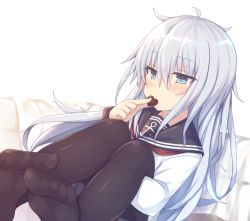 Rule 34 | 1girl, ahoge, bad id, bad pixiv id, black pantyhose, blue eyes, blush, candy, chocolate, chocolate heart, commentary, couch, covered mouth, food, hair between eyes, heart, hibiki (kancolle), holding, holding food, holding legs, kantai collection, long hair, long sleeves, looking away, neckerchief, no shoes, on couch, pantyhose, red neckerchief, sailor collar, school uniform, serafuku, shinopoko, sidelocks, silver hair, sitting, soles, solo, thighhighs, white day