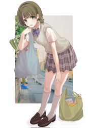 Rule 34 | 1girl, absurdres, bag, bow, bowtie, breasts, full body, green eyes, green hair, highres, idolmaster, idolmaster shiny colors, leaning forward, loafers, looking at viewer, nanakusa nichika, photo background, plaid, plaid skirt, plastic bag, pleated skirt, ribbed socks, school uniform, shoes, short twintails, skirt, small breasts, socks, solo, spring onion, striped bow, striped bowtie, striped clothes, sweater vest, tanupon, twintails, white socks