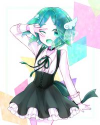 Rule 34 | 1other, alternate costume, androgynous, colored eyelashes, corset, crystal hair, eyes visible through hair, green eyes, green hair, hair ornament, happy, highres, houseki no kuni, looking at viewer, neck ribbon, nekotamago, one eye closed, open mouth, phosphophyllite, ribbon, short hair, skirt, smile, solo, v over eye