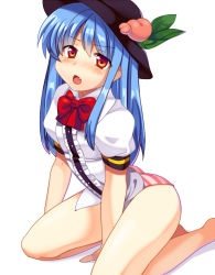 Rule 34 | 1girl, ass, bad id, bad pixiv id, bare legs, blue hair, blush, fang, female focus, hat, hinanawi tenshi, long hair, matatabi maru, no pants, open mouth, panties, red eyes, simple background, solo, striped clothes, striped panties, touhou, underwear, white background