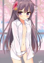 Rule 34 | 10s, 1girl, akebono (kancolle), alternate hairstyle, artist name, bad id, bad twitter id, bell, blush, bow, bow panties, cherry blossoms, flat chest, flower, hair bell, hair down, hair flower, hair ornament, jingle bell, kantai collection, long hair, looking at viewer, navel, no bra, open clothes, open shirt, panties, purple eyes, purple hair, rouka (akatyann), shirt, solo, underwear, white panties