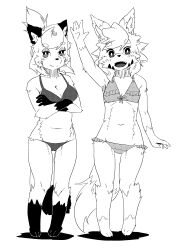 Rule 34 | 2girls, absurdres, animal ear fluff, animal ears, animal nose, arm at side, arm up, bare shoulders, bikini, blush, body fur, breasts, cleavage, closed mouth, collarbone, crossed arms, facial mark, fangs, female focus, flat color, fox ears, fox girl, fox tail, frilled bikini, frills, front-tie bikini top, front-tie top, full body, furry, furry female, greyscale, half-closed eyes, halftone, happy, highres, jaggy lines, kame (3t), light blush, looking at viewer, medium breasts, monochrome, multiple girls, navel, open mouth, original, pigeon-toed, raccoon ears, raccoon girl, raccoon tail, rin-chan (kame (3t)), short hair, simple background, sketch, small breasts, smile, snout, standing, stomach, swept bangs, swimsuit, tail, topknot, two-tone fur, waving, whisker markings, white background, yhun-chan (kame (3t))
