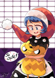 Rule 34 | 1girl, adventure time, blue eyes, blue hair, carte, commentary request, doremy sweet, dress, hat, highres, hug, jake the dog, nightcap, hugging object, open mouth, pillow, pillow hug, pom pom (clothes), short hair, solo, touhou