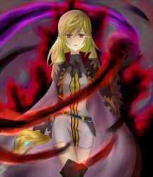 Rule 34 | 1girl, artist request, aura, blonde hair, boots, breasts, cape, corruption, dark aura, dress, evil smile, gender request, genderswap, gloves, heterochromia, highres, light smile, long hair, looking at viewer, parted lips, purple eyes, richard (tales), smile, sword, tales of (series), tales of graces, thigh boots, thighhighs, weapon, yellow eyes