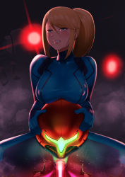 Rule 34 | 1girl, blonde hair, blue bodysuit, blue eyes, blush, bodysuit, breasts, censored, claws, clenched teeth, commentary, covered erect nipples, dark, dark background, drooling, e.m.m.i. (metroid), female focus, furrowed brow, glowing, glowing eye, glowing headgear, hair between eyes, unworn headwear, helmet, unworn helmet, highres, holding, holding helmet, lips, lipstick, long hair, makeup, medium breasts, metroid, metroid dread, mole, mole under mouth, mosaic censoring, motion lines, nintendo, object insertion, ponytail, pussy, pussy juice, red lips, robot, rolling eyes, saliva, samus aran, sawasa, sex machine, shade, sidelocks, signature, skin tight, solo focus, spread legs, sweatdrop, swept bangs, teeth, thick thighs, thighs, torn bodysuit, torn clothes, vaginal, vaginal object insertion, zero suit