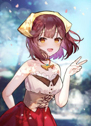 Rule 34 | 1girl, :d, atelier (series), atelier sophie, bare arms, bare shoulders, blurry, blurry background, breasts, brown eyes, brown hair, chibi vanille, commentary request, confetti, day, depth of field, hand up, head scarf, highres, looking at viewer, open mouth, outdoors, pleated skirt, red skirt, shirt, skirt, small breasts, smile, solo, sophie neuenmuller, tree, v, white shirt