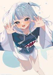 Rule 34 | 1girl, aamana0, blue hair, blue nails, blush, fins, fish tail, gawr gura, highres, hololive, hololive english, jacket, leaning forward, looking at viewer, multicolored hair, nail polish, open mouth, paw pose, shark girl, sharp teeth, short twintails, smile, solo, streaked hair, tail, teeth, twintails, upper teeth only, virtual youtuber, white hair, wide sleeves