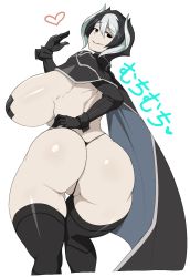 Rule 34 | 1girl, ass, black cape, black eyes, black hair, black panties, breasts, cape, cleft of venus, curvy, elbow gloves, from behind, gloves, heart, highres, huge breasts, looking at viewer, looking back, made in abyss, multicolored hair, ozen, panties, pasties, plump, shiny skin, short hair, sinensian, smile, solo, standing, thighhighs, thong, two-tone hair, underwear, wedgie, white hair