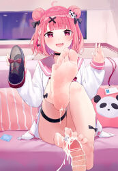 Rule 34 | 1girl, ahoge, barefoot, black bow, black choker, black footwear, blunt bangs, blush, bow, bowtie, braid, censored, choker, commentary request, condom, condom wrapper, convenient leg, couch, cum, cum on body, cum on feet, cum on penis, cumdrip, double bun, eyelashes, fang, feet, foot focus, foot up, footjob, full body, hair bow, hair bun, hair ornament, hands up, highres, holding, indoors, knees together feet apart, kou futoshi, looking at viewer, medium hair, miniskirt, mole, mole under eye, nijisanji, open mouth, out of frame, paid reward available, panda hair ornament, pillow, pink eyes, pink hair, pink sailor collar, pink skirt, pleated skirt, red bow, red bowtie, sailor collar, sasaki saku, sasaki saku (6th costume), school uniform, shirt, shoes, sitting, skin fang, skirt, sleeves past wrists, smile, soles, solo, spread toes, thigh strap, thighs, toes, two-tone skirt, unworn shoes, virtual youtuber, white shirt, window, x hair ornament
