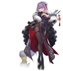 Rule 34 | 1girl, azur lane, black footwear, black gloves, black pantyhose, blush, breasts, chain, china dress, chinese clothes, cleavage, closed mouth, clothes lift, crossed legs, dress, dress lift, expressionless, feather boa, flower, folded ponytail, full body, gloucester (azur lane), gloucester (brilliance in purple) (azur lane), gloves, hair flower, hair intakes, hair ornament, hairband, high heels, highres, holding, inayama, large breasts, long sleeves, looking at viewer, manjuu (azur lane), official alternate costume, official art, pantyhose, purple dress, purple hair, rigging, short hair, shrug (clothing), side slit, sidelocks, skindentation, solo, standing, thigh strap, thighband pantyhose, transparent background, turret, vase, watson cross, yellow eyes