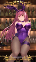 Rule 34 | 1girl, animal ears, bar (place), bare shoulders, black pantyhose, blush, bottle, bow, bowtie, breasts, bridal garter, collarbone, covered navel, cup, detached collar, drinking glass, fake animal ears, fate/grand order, fate (series), fishnet pantyhose, fishnets, flower, hair between eyes, highleg, highleg leotard, highres, hip focus, large breasts, leotard, long hair, looking at viewer, official alternate costume, pantyhose, playboy bunny, purple hair, purple leotard, rabbit ears, rabbit girl, red eyes, scathach (fate), scathach (piercing bunny) (fate), solo, thighs, wine bottle, yijian ma