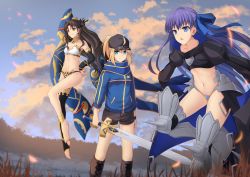 Rule 34 | 3girls, ahoge, anklet, armlet, armor, armored boots, artoria pendragon (fate), asymmetrical legwear, asymmetrical sleeves, baseball cap, bikini, black hair, black headwear, black shorts, blonde hair, blue eyes, blue jacket, blue ribbon, blue scarf, boots, bridal gauntlets, cross (crossryou), crotch plate, crown, detached collar, earrings, elbow gloves, excalibur (fate/stay night), fate/extra, fate/extra ccc, fate/grand order, fate (series), gloves, greaves, green eyes, hair through headwear, hat, heavenly boat maanna, highres, holding, holding sword, holding weapon, hoop earrings, ishtar (fate), jacket, jewelry, meltryllis (fate), mismatched bikini, multiple girls, mysterious heroine x (fate), navel, neck ring, open clothes, open jacket, parted bangs, prosthesis, prosthetic leg, purple hair, red eyes, revealing clothes, ribbon, scarf, shorts, single elbow glove, single sleeve, single thighhigh, sleeves past fingers, sleeves past wrists, swimsuit, sword, thighhighs, tiara, toeless legwear, track jacket, uneven legwear, uneven sleeves, weapon