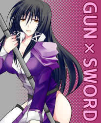 Rule 34 | black hair, breasts, fasalina, gunxsword, large breasts, mahi, open mouth, pole, thighhighs, yellow eyes