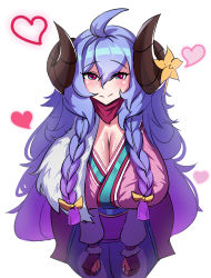 Rule 34 | 1girl, absurdres, blue hair, blush, breasts, cleavage, highres, horns, huge breasts, japanese clothes, kimono, kindred (league of legends), lamb (league of legends), league of legends, mask, unworn mask, purple eyes, spirit blossom kindred