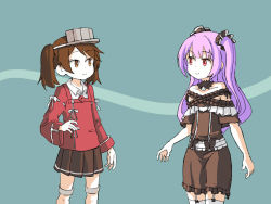Rule 34 | 2girls, black dress, brown eyes, brown hair, commentary, detached collar, dress, english commentary, flat chest, hololive, japanese clothes, kantai collection, kariginu, magatama, miniskirt, multiple girls, one-hour drawing challenge, pink hair, pleated skirt, red eyes, ryuujou (kancolle), sixten, skirt, trait connection, twintails, two side up, uruha rushia, uruha rushia (3rd costume), virtual youtuber, visor cap