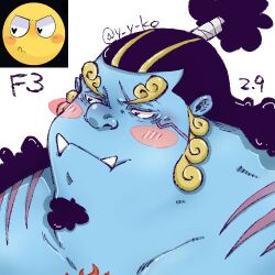 Rule 34 | 1boy, black hair, blue skin, blush stickers, colored skin, curly eyebrows, emoji, facial hair, fins, fish boy, goatee, jinbe (one piece), looking away, lowres, male focus, one piece, ponytail, portrait, pout, reference inset, solo, tusks, y y ko