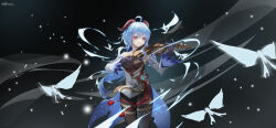 Rule 34 | 1girl, absurdres, ahoge, bare shoulders, bell, black gloves, black pantyhose, blue hair, breasts, chinese knot, crystalfly (genshin impact), detached sleeves, flower knot, ganyu (genshin impact), genshin impact, gloves, gold trim, highres, holding, holding instrument, holding violin, horns, instrument, light smile, long hair, medium breasts, music, neck bell, pantyhose, playing instrument, purple eyes, red rope, rope, shiqi tokii, sidelocks, solo, standing, tassel, thigh gap, thighlet, violin, vision (genshin impact), waist cape, white sleeves