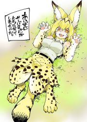 Rule 34 | 10s, animal ears, bow, bowtie, cross-laced clothes, elbow gloves, furry, furry female, gloves, high-waist skirt, highres, kemono friends, serval (kemono friends), serval print, serval tail, shigurio, shirt, skirt, sleeveless, sleeveless shirt, solo, striped tail, tail, translation request