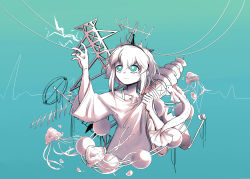 Rule 34 | 1girl, absurdres, amano pikamee, aqua background, aqua eyes, black hairband, bra strap, clenched hand, collarbone, cropped torso, eel, hairband, highres, jellyfish, looking up, milky (hikikomori-milky), off-shoulder sweater, off shoulder, open hand, power lines, solo, spot color, sweater, utility pole, virtual youtuber, voms