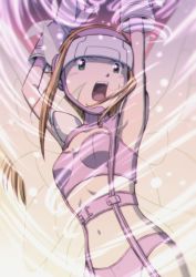 Rule 34 | 1girl, armpits, arms up, belt, bikini, blonde hair, bra, breasts, butterfly hair ornament, butterfly wings, butterfly wings gauntlets, cleavage, cosplay, digimon, digimon frontier, facial mark, fairimon, fairimon (cosplay), garter straps, gauntlets, gloves, gloves wings, green eyes, hair ornament, hairband, head wings, hip focus, insect wings, lingerie, long hair, looking at viewer, medium breasts, narrow waist, navel, open mouth, orimoto izumi, outstretched arms, panties, purple belt, purple bikini, purple bra, purple gloves, purple hairband, purple headwear, purple panties, revealing clothes, shoulder pads, swimsuit, teeth, underwear, upper teeth only, visor, wind, wings
