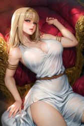 Rule 34 | 1girl, bare shoulders, blonde hair, blue eyes, breasts, highres, large breasts, lips, looking at viewer, neoartcore, open mouth, shingeki no kyojin, solo, ymir fritz