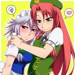 Rule 34 | 2girls, annoyed, aqua eyes, bad id, bad pixiv id, beret, blush, bow, braid, breasts, chinese clothes, female focus, frown, green eyes, hair between eyes, hair bow, hand on shoulder, hat, hayashi custom, heart, hong meiling, izayoi sakuya, light purple hair, long hair, looking away, maid headdress, multiple girls, neck ribbon, nervous, red eyes, red hair, ribbon, short hair, short sleeves, simple background, smile, spoken heart, spoken squiggle, squiggle, touhou, twin braids, upper body, very long hair, yellow background