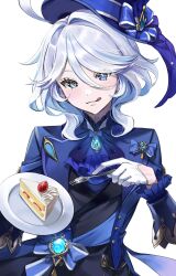 Rule 34 | 1girl, :q, ahoge, ascot, black shirt, blue ascot, blue eyes, blue hat, blue jacket, brooch, cake, commentary request, food, fork, furina (genshin impact), genshin impact, gloves, hair between eyes, hat, highres, holding, holding fork, jacket, jewelry, long sleeves, looking at viewer, manchi (maaanchiii), shirt, short hair, simple background, solo, tongue, tongue out, top hat, upper body, white background, white gloves, white hair