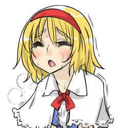 Rule 34 | 1girl, alice margatroid, blonde hair, blush, capelet, dress, closed eyes, female focus, heavy breathing, open mouth, seki (red shine), sexually suggestive, short hair, solo, sweat, touhou, trembling