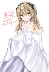 Rule 34 | 1girl, black ribbon, boko (girls und panzer), breasts, brown eyes, choker, commentary request, covered navel, cowboy shot, dated, dress, elbow gloves, english text, girls und panzer, gloves, hair ribbon, happy birthday, highres, langley1000, light brown hair, long dress, long hair, looking at viewer, one side up, open mouth, partial commentary, ribbon, shimada arisu, simple background, skirt hold, small breasts, smile, solo, standing, strapless, strapless dress, wedding dress, white background, white choker, white gloves