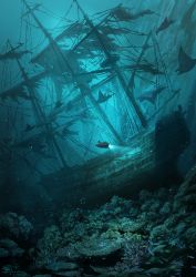 Rule 34 | blue theme, boat, commentary, coral, coral reef, fish, highres, kosian, light beam, manta ray, no humans, ocean, original, sail, scenery, ship, shipwreck, stingray, submarine, underwater, watercraft