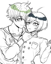 Rule 34 | 2boys, ahoge, amami rantaro, black hair, blush, bracelet, breast pocket, buttons, closed mouth, collarbone, danganronpa (series), danganronpa v3: killing harmony, double-breasted, earrings, green hair, hair between eyes, hand on another&#039;s chin, hand up, highres, jacket, jewelry, long sleeves, looking at another, monja (jyamong 0907), multiple boys, necklace, pocket, ring, saihara shuichi, smile, sweatdrop, teeth, upper body, white background, yaoi