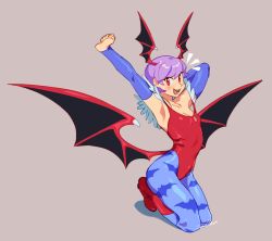 Rule 34 | 1girl, animal print, armpits, bat print, bat wings, blush, breasts, bridal gauntlets, brown background, demon girl, full body, head wings, leotard, lilith aensland, looking at viewer, low wings, open mouth, pantyhose, print pantyhose, purple hair, red eyes, red footwear, red leotard, shadow, short hair, signature, small breasts, smile, solo, stretching, vampire (game), wings, zambiie