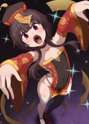 Rule 34 | 1girl, asymmetrical legwear, bandaged leg, bandages, bare shoulders, black background, black thighhighs, brown hair, chinese clothes, choker, collarbone, covered navel, detached sleeves, fangs, flat chest, from above, full body, gradient background, hat, highres, jiangshi, kono subarashii sekai ni shukufuku wo!, megumin, mismatched legwear, no panties, open mouth, outstretched arms, ponponmaru, purple background, red eyes, red footwear, short hair with long locks, solo, sparkle, standing, teeth, thighhighs, tongue, zombie pose