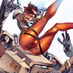 Rule 34 | 1girl, ass, attack, bastion (overwatch), bodysuit, brown hair, cameltoe, goggles, highres, hip attack, overwatch, overwatch 1, pantylines, robot, shimoguchi tomohiro, short hair, smile, thighs, tracer (overwatch)
