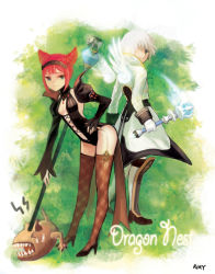 Rule 34 | &gt; &lt;, 10s, 1boy, 1girl, blue eyes, breasts, cleavage, cleric (dragon nest), dragon nest, closed eyes, green eyes, hairband, high heels, horns, medium breasts, monster, poochum, red hair, shoes, sorceress (dragon nest), staff, thighhighs, white hair, wings