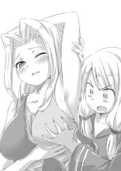 Rule 34 | 2girls, arm up, armpits, artist request, blush, breast envy, grabbing another&#039;s breast, breasts, final fantasy, final fantasy tactics, geomancer (fft), grabbing, greyscale, large breasts, long hair, long sleeves, monochrome, monochrome, multiple girls, one eye closed, reis duelar, robe, tank top, tearing up