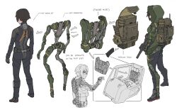 Rule 34 | 1girl, absurdres, arms at sides, backpack, bag, belt, black bodysuit, bodysuit, boots, brown hair, character sheet, commentary, english commentary, english text, exoskeleton, fingerless gloves, flat color, from behind, full body, glasses, gloves, green jacket, gun, highres, holding, holding gun, holding weapon, jacket, multiple views, original, pilot chair, pilot suit, rifle, science fiction, short hair, standing, very short hair, weapon, white background, zen (jirakun)